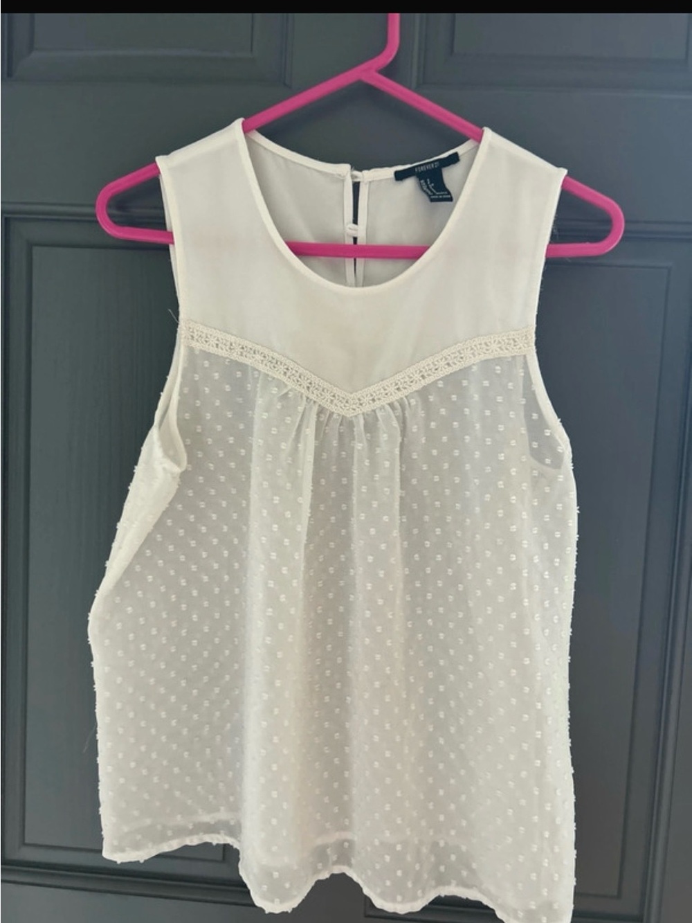 Forever 21 Ivory Swiss Dot Lace Yoke Sleeveless Top